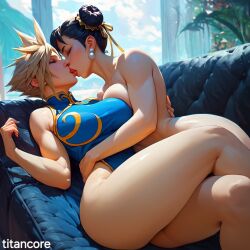 (titancore) 2girls ai_generated big_breasts black_hair blonde_hair breasts chun-li cloud_strife cloudette_strife crossover dress female final_fantasy_vii genderswap girl holding kissing laying_down rule_63 spiky_hair street_fighter strong_female thick_thighs thighs transformation