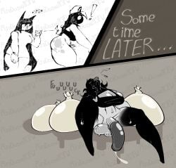 1_eye 1futa 2girls after_orgasm amelia_(riudianami) ass background balls big_ass big_balls big_breasts big_thighs black_and_white black_legs bottomless breasts clothed clothing condom condom_balloon cum exhausted faceless faceless_character faceless_female female female_to_futa filled_condom futa_transformation futanari heavy_balls horsecock huge_cock humanoid intersex mini_comic oiled_body oiled_breasts oiled_skin partially_clothed penis riudianami tongue tongue_out topwear transformation unknown_species watermark