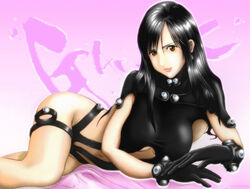 black_hair brown_eyes copyright_name gantz gloves legs lipstick long_hair oku_hiroya reika_shimohira text