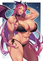 abs areola_slip areolae bikini breasts demon_girl demon_horns female gloves hidarikiki horns huge_breasts long_hair navel open_clothes pink_hair pointy_ears thick_thighs voluptuous wide_hips yellow_eyes