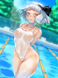 1girls arms_behind_back axe_r18 belly belly_button blush bow cameltoe female green_eyes nipples pool pussy see-through see-through_clothing shy solo swimsuit thick_thighs thighs touhou visible_nipples visible_pussy wet white_hair youmu_konpaku
