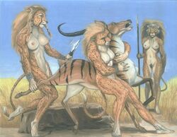 anthro breasts color day feline female fur furry hair hunting knife long_hair multiple_girls nude outdoors pandoras_box polearm pubic_hair pussy savannah spear