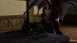 1female 1male 3d anthro_on_anthro black_fur blender blizzard_entertainment blue_eyes cydristrasz doggy_style dracthyr dragon female from_behind furry laying_on_bed red_scales scalie straight warcraft worgen world_of_warcraft zenesha zenesha_winterhowl