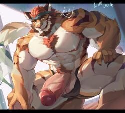 abs big_muscles chest_hair hard_cock headband luodejun male muscular muscular_male nipples open_mouth orange_body pecs penis_out penis_tip pubes pubic_hair shirtless smile smiling smirk spread_legs squatting tiger veins veiny veiny_muscles veiny_penis white_body