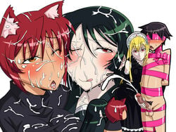 :q animal_ears arms_behind_back black_dress black_hair blindfold blonde_hair blush bondage bound brown_hair cat_ears clothing cum cum_in_mouth cum_on_hair cum_on_tongue dress drooling ejaculation facial femdom hair handjob hime_(kaibutsu_oujo) hinoki hiyorimi_hiro kaibutsu_oujo kamura_reiri lilianne long_hair nude open_mouth orange_eyes penis princess_resurrection pubic_hair red_eyes red_hair ribbon riza_wildman short_hair sweat testicles tiara tongue uncensored white_day wink wolf_ears