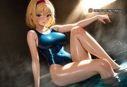 :p ai_generated alice_margatroid bare_arms bare_legs bath blonde_hair blue_eyes blue_one-piece_swimsuit blush breasts collarbone covered_navel dutch_angle female frilled_hairband hairband highleg highleg_swimsuit indoors knee_up large_breasts lolita_hairband looking_at_viewer meitabuu multiple_girls one-piece_swimsuit partially_submerged red_hairband school_swimsuit shiny_skin short_hair sitting smile soaking_feet solo steam sunlight swimsuit taut_swimsuit thighs tile_wall tongue tongue_out water wet wet_clothes wet_swimsuit window