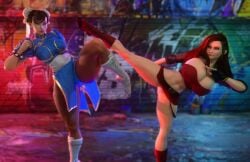 2girls action_pose alternate_breast_size asian asian_female asymmetrical_hair big_breasts big_thighs blaze_fielding breasts breasts_bigger_than_head brown_hair brown_hair_female catfight chinese chinese_female chun-li cleavage clothed clothed_female cropped_jacket earrings female female_only fight fighting_pose fingerless_gloves gigantic_breasts gloves hair_bun hair_down hips hoop_earrings hourglass_figure huge_breasts huge_thighs human human_female human_only jacket large_breasts large_thighs legs long_hair multiple_females multiple_girls muscular muscular_thighs open_jacket panties shoes slim_waist small_waist street_fighter streets_of_rage streets_of_rage_4 thighs thin_waist thunder_thighs tube_top tubetop vaako visible_panties visible_underwear white_panties
