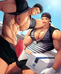 2boys abs absurd_res bara bare_breasts beefy biceps big_areola big_breasts big_penis black_hair breasts broad_shoulders brown_hair cap cardboard_box delivery_employee dutch_angle ear_piercing earrings erection erection_under_clothes frown gay genital_outline gloves green_eyes grin hand_on_shoulder hi_res holding_object huge_breasts huge_cock hunk laugh long_penis looking_at_viewer male male_breasts male_only manly mature_male meisho_hanten morning muscles muscular muscular_arms muscular_male oppai original original_character outdoors package pecs pierced_ears piercing red_eyes revealing_clothes reversed_baseball_cap rolled_up_sleeves shirt_pulled_behind_neck short_hair shorts six_pack skimpy standing thick_neck thick_penis tough_guy triceps unzipped unzipped_pants very_high_resolution yaoi