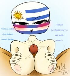 1boy 1girls blush brown_skin caption countryhumans countryhumans_girl eyes female flawsystyle interracial light-skinned_female looking_at_viewer male mommy paizuri parody pov round_breasts step-incest stepmother talking_to_viewer text titjob uruguay_(countryhumans)