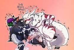 2boys 3_toes after_anal after_orgasm after_sex anthro anthro_on_robot anthro_penetrating_anthro armor ass ass big_ass big_penis big_tail black_skin blush blush chest_fur colored_background cum cum_drip cum_in_ass cum_inside cum_on_penis cum_trail cumming dialog dialogue digital_media_(artwork) femboy fluffy_fur furry gay green_eyes hanging_balls heart hi_res highres kissing_ass kojoarts living_sex_doll long_ears long_penis long_tail looking_back male male/male male_only oc on_all_fours on_knees patting_head petting_head post_orgasm protogen purple_hair red_stripes sagging_balls squatting synthetic_body thick_thighs twitch_lines veiny_penis wet_ass white_fur white_outline white_skin yellow_eyes yiff