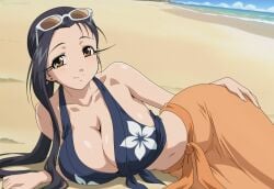 1girls ai_generated amaenaideyo amaenaideyo!! beach black_hair breasts brown_eyes cleavage female floral_print large_breasts long_hair looking_at_viewer lying_on_side mature_female midriff miyako_amanogawa outdoors ponytail smile sunglasses sunglasses_on_head