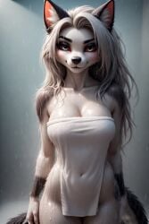 1girls ai_generated anthro belly_button big_breasts blush bottomless breasts ears female furry grey_fur grey_hair hellhound helluva_boss long_hair looking_at_viewer loona_(helluva_boss) naked naked_female nude nude_female red_sclera smile tail towel two_tone_body two_tone_fur two_tone_tail wet_body white_body white_eyes white_fur wolf wolf_girl