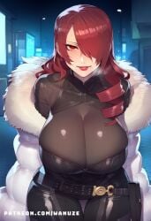ai_generated all_fours big_ass big_breasts big_butt big_thighs black_belt black_bodysuit blush fur fur_trim huge_ass huge_breasts huge_butt huge_thighs mitsuru_kirijo persona persona_3 red_eyes red_hair wanuze wide_hips