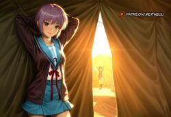 2girls ai_generated arms_behind_head arms_up backlighting belt belt_buckle blue_belt blue_sailor_collar blue_skirt blush brown_cardigan brown_eyes brown_footwear brown_hair buckle cardigan closed_mouth collarbone cowboy_shot curtains desert female kita_high_school_uniform long_sleeves looking_at_viewer meitabuu miniskirt multiple_girls nagato_yuki neck_ribbon open_cardigan open_clothes outdoors purple_hair red_ribbon ribbon sailor_collar school_uniform serafuku shade shirt short_hair skirt smile socks solo_focus standing stretching sunlight suzumiya_haruhi suzumiya_haruhi_no_yuuutsu tent white_shirt winter_uniform