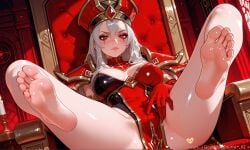 ai_generated armor bare_legs barefoot blizzard_entertainment breasts candle elbow_gloves feet feet_up female foot_focus foreshortening gloves goddessasunaai grey_hair hair_between_eyes hat human_(warcraft) large_breasts legs legs_up long_hair looking_at_viewer pauldrons pelvic_curtain red_eyes red_gloves red_headwear sally_whitemane shiny shiny_skin shoulder_armor sitting soles solo spread_legs thighs throne toes warcraft white_hair world_of_warcraft wow