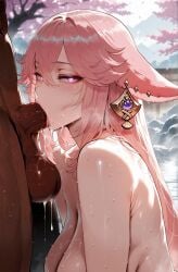 ai_generated animal_ears balls big_cock big_penis blowjob cheating cheating_girlfriend dark-skinned_male dark_penis dark_skin day deepthroat ejaculate ejaculation fellatio female fox fox_ears fox_girl genshin_impact human human_female interracial light-skinned_female light_skin male male/female miyuai oral oral_sex penis pink_hair testicles yae_miko