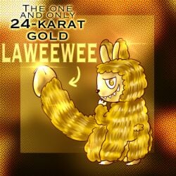 24-karat_gold_labubu balls cock fur furry furry_penis gold_(metal) gold_body gold_fur labubu large_penis metallic_body metallic_penis monster oversized_balls penis precum saggy_balls shiny_eyes shiny_skin smiling teeth text the_one_and_only_24k_gold_labubu why