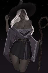 1girls 2d_(artwork) big_breasts big_hat big_thighs cleavage dark-skinned_female dark_skin elden_ring elden_ring_nightreign female_focus female_only fromsoftware hourglass_figure large_breasts milf recluse_(nightreign) small_waist solo_female thick_thighs white_hair white_hair_female witch witch_hat