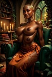 1girls 4_breasts ai_generated bald bald_female breasts brown_eyes candle candlelight candles dark-skinned_female dark_skin dark_skinned earrings ebony exposed_breasts female gold gold_jewelry looking_at_viewer multi_breast naked_torso neck_ring oc original_character sarong sitting sitting_on_armchair sitting_on_chair smile smiling smiling_at_viewer solo solo_female