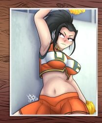 alternate_version_at_source annoyed_expression arm_up armpits big_breasts black_hair blush boku_no_hero_academia cheerleader_uniform crop_top curvy curvy_female cute hollowhusk hot midriff momo_yaoyorozu more_at_source my_hero_academia orange_skirt photography_(artwork) pom_poms sexy sexy_pose tied_hair uniform