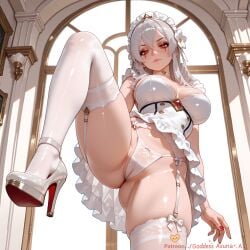 ai_generated ass bangs blizzard_entertainment blush breasts cameltoe choker cleavage closed_mouth dress female flower frills from_below garter_belt garter_straps goddessasunaai grey_hair hair_between_eyes hair_flower hair_ornament high_heels highleg human_(warcraft) indoors lace_trim large_breasts leg_up long_hair looking_at_viewer maid maid_headdress panties red_eyes sally_whitemane see-through shiny shiny_skin solo standing standing_on_one_leg thighhighs thighs thong underwear warcraft white_choker white_flower white_panties white_thighhighs world_of_warcraft