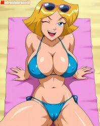 2025 ai_generated aindroidparanoid beach_background belly black_eyebrows blonde_hair_female blue_bikini blue_eyes_female clover_(totally_spies) female instagram looking_at_viewer lying_on_towel marathon_(copyright) meta one_eye_closed open_mouth pink_lipstick pink_nails pink_sunglasses smile_at_viewer smiling_at_viewer sunglasses_on_head totally_spies tummy tv_series tv_show winking_at_viewer