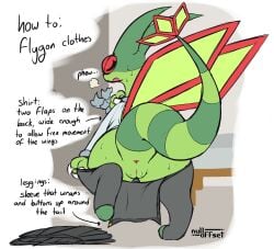 after_transformation bodily_fluids clothing clothing_aside dragon english_text female feral flygon gender_transformation generation_3_pokemon genitals hi_res mythological_creature mythological_scalie mythology nintendo nulloffset pokemon pokemon_(species) pussy scalie solo sweat text transformation vulva