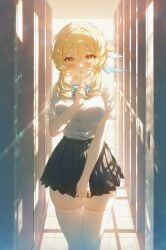 1girls :o absurd_res ai_generated alternate_costume aqua_bow aqua_bowtie backlighting big_breasts black_skirt blonde_hair blue_bow blue_bowtie blue_skirt blurry blush bow bowtie breasts buttons classroom closed_mouth collared_shirt contemporary covering_crotch covering_privates cowboy_shot door doorway dress_shirt feather_hair_ornament feathers feet_out_of_frame female female_only finger_to_mouth fingernails flower genshin_impact hair_between_eyes hair_flower hair_intakes hair_ornament hallway hand_up high-waist_skirt index_finger_raised indoors large_breasts lens_flare light-skinned_female light_particles locker locker_room long_hair looking_at_viewer lumine_(genshin_impact) medium_breasts medium_hair miniskirt ministro open_door open_mouth parted_lips plaid_bowtie pleated_skirt school school_uniform shirt shirt_tucked_in short_hair short_hair_with_long_locks short_sleeves shushing sidelighting sidelocks skindentation skirt skirt_hold skirt_tug solo standing straight-on striped_bow striped_bowtie striped_clothes sunlight thick_thighs thigh_gap thighhighs thighs tile_floor tiles white_shirt white_thighhighs window window_shade wing_collar yellow_eyes zettai_ryouiki