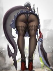 1girls ass ass_focus black_footwear black_hair black_panties black_pantyhose ellen_joe fins fish_tail from_behind from_below high_heels highres maid_headdress panties pantyhose sana!rpg shark_girl shark_tail short_hair solo standing tail thighband_pantyhose thighs underwear weapon zenless_zone_zero