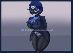 baseball_cap big_breasts big_thighs blue_eyes blue_lipstick blue_panties blue_underwear cap dandy's_world dandys_world grown_up makeup no_pants pinkbluensfw simple_background solo solo_female solo_focus thick_thighs toodles_(dandy's_world) vest visible_underwear