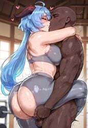 ai ai_assisted ai_generated amiral_ai ass_grab big_ass big_penis blue_hair blush blushing dark-skinned_male female ganyu_(genshin_impact) genshin_impact grabbing_ass grabbing_neck horns kissing leg_lift light-skinned_female male sex sports_bra sweat sweating tights torn_clothes