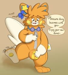 animate_inanimate anthro bulge digital_media_(artwork) english_text eyewear fur generation_9_pokemon goggles goggles_around_neck hi_res jake_the_traveler lock_bulge lock_symbol mammal nintendo nonbinary_(lore) null_bulge orange_body orange_fur pawmot pawpads paws plushie plushsuit pokemon pokemon_(species) rodent solo sparky_the_pawmot star text zipper zipping_up
