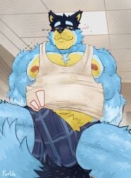absurd_res anthro bandit_heeler belly biceps big_chest blue_body blue_fur bluey_(series) body_hair bulge canid canine canis clothing digital_drawing_(artwork) digital_media_(artwork) digital_painting_(artwork) domestic_dog erection erection_under_clothing eyebrows fluffy fluffy_tail fur furuo hands_behind_back hi_res looking_at_viewer looking_down looking_from_above low-angle_view male male_only mammal multicolored_body musclegut muscles muscular muscular_anthro muscular_male navel nipples painting_(artwork) shirt simple_background slightly_chubby slightly_chubby_male smile smiling_at_viewer smirk smirking_at_viewer t-shirt tail tank_top text topwear underwear vein veiny_arms veiny_muscles