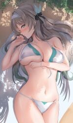 beach bikini crotch firefly_(honkai:_star_rail) from_above head_turned_sideways honkai:_star_rail huge_breasts looking_at_viewer loose_bikini lying_on_back nose_blush sunlight thighs untied_bikini untied_bra worried