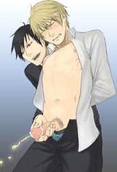 arms_behind_back assisted_peeing black_hair black_pants blonde_hair bondage color cum durarara!! forced_yaoi glans handjob heiwajima_shizuo highres humiliation male male_only multiple_males nipples open_clothes open_shirt orihara_izaya peeing penis rape standing urinating_male urination urine watersports white_shirt wince yaoi