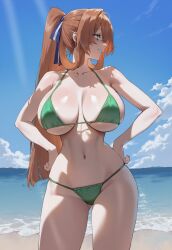 1girls ai_generated ass big_breasts bikini breasts brown_hair female female_focus girls'_frontline green_bikini green_eyes hands_on_own_hips hips huge_breasts large_breasts light-skinned_female looking_at_viewer navel springfield_(girls'_frontline)
