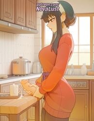 1futa 2025 ai_generated artist_name big_breasts big_breasts big_chest black_hair breasts breasts breasts bust busty chest cup earrings futanari hair_bun hi_res high_quality high_resolution highres jewelry large_breasts novalust patreon patreon_username red_eyes solo spy_x_family stable_diffusion watermark yor_briar yor_forger