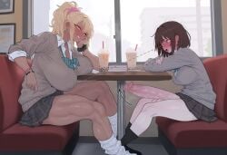 1futa 1girls duo erection female flappytsk futanari gigantic_penis huge_breasts huge_cock human muscular muscular_female revealing_clothes sitting