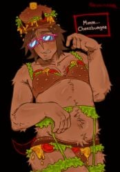 007n7 007n7_(forsaken) 1boy artist_name bikini blush bulge burger burger_bikini burger_hat burger_lingerie chubby chubby_male dadbod dilf eunicidae forsaken_(roblox) fur glasses horns male male_only roblox roblox_game robloxian self_upload tagme