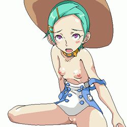 1girls blush breasts collar eureka eureka_seven female female_only green_hair hairclip hairpins hat lowres nude open_clothes open_shirt pose purple_eyes shirt short_hair skirt_lift solo white_background