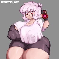 albedo_(ben_10) albedo_(chaquetrix) albino ben_10 chaquetrix gym_clothes huge_ass huge_breasts huge_nipples huge_thighs no_bra no_panties oversized_clothes spandex_suit thetis_(artist) tight_clothing white_hair white_skin wide_hips