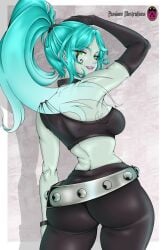 1girls ass ass_focus back_view big_ass big_breasts blue_hair curvy curvy_female danny_phantom ember_mclain female female_focus ghost_girl goth green_eyes leather_clothing leather_gloves lipstick long_hair looking_at_viewer nickelodeon pasioneillustrations ponytail pose posing posing_for_the_viewer purple_lipstick seductive seductive_look smile thick thick_ass thick_legs thick_thighs
