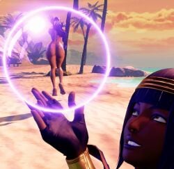 2girls 3d_animation animated animated_gif ass ass_shake beach big_ass black_hair crystal_ball female hip_sway hips menat_(street_fighter) nude nude_female repinscourge rose_(street_fighter) smile street_fighter street_fighter_v sunset