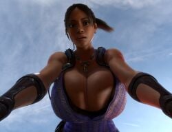 3d 3d_(artwork) african african_female alternate_breast_size arms_around_viewer big_breasts breast_focus breasts breasts_bigger_than_head brown_hair brown_hair_female cleavage close-up close_up closeup clothed clothed_female dark-skinned_female dark_skin enormous_breasts eye_contact face_focus fingerless_gloves from_below from_below_view gigantic_breasts gloves hi_res high_resolution highres huge_breasts large_breasts long_hair looking_at_viewer looking_down looking_down_at_viewer massive_breasts necklace pants ponytail resident_evil resident_evil_5 sheva_alomar sky sky_background top_heavy upper_body vaako