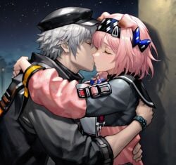 ai_generated arknights bear_boy catgirl closed_eyes deep_kiss goldenglow_(arknights) hateful_avenger_(arknights) hug kissing night outdoors pink_hair redblade_(arknights) straight tagme