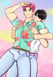 2boys abby_(kpop_demon_hunters) black_hair bulge gay hands_on_breasts jeans jinu_(kpop_demon_hunters) kpop_demon_hunters male male/male male_only nexophyte peace_sign pink_hair saja_boys smirk smirking smirking_at_viewer tight_clothing yaoi