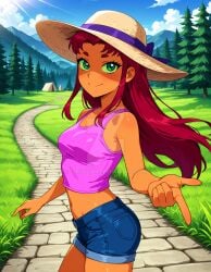 2025 ai_generated belly cartoon_network closed_mouth dc_comics dcau deviantart elryusam female green_eyes_female looking_at_viewer meta mouth_closed orange_body orange_skin park_background pink_shirt pointing_at_viewer red_eyebrows red_hair_female short_jeans smile_at_viewer smiling_at_viewer starfire starfire_(comics) starfire_(teen_titans) summer_hat summer_uniform teen_titans tummy