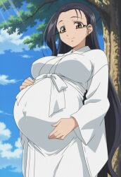 1girls ai_generated amaenaideyo amaenaideyo!! black_hair breasts brown_eyes female kimono large_breasts long_hair mature_female miyako_amanogawa outdoors pregnant smile standing