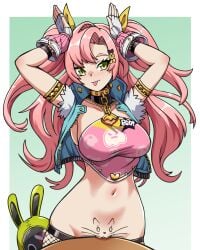 amillion_(zenless_zone_zero) aqua_jacket bangboo_(zenless_zone_zero) blue_background body_writing border breasts commentary do_you_want_to_pet_my_cat_(meme) english_commentary female fingerless_gloves gloves green_eyes highres jacket large_breasts long_hair looking_at_viewer meme midriff navel nicole_demara nicole_demara_(cunning_cutie) official_alternate_costume pink_hair pink_tank_top pussy rabbit_pose solo tank_top tongue tongue_out twintails very_long_hair white_border white_gloves zenless_zone_zero zuchysdraws