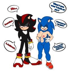 1:1 anthro areola big_breasts blush bodily_fluids breasts dialogue duo english_text eyelashes female flirting genitals green_eyes hi_res male male/female nipples pussy red_eyes rule_63 sega shadow_the_hedgehog sonic_(series) sonic_the_hedgehog sonic_the_hedgehog_(series) soulyagami64 speech_bubble sweat sweatdrop text thick_thighs vulva